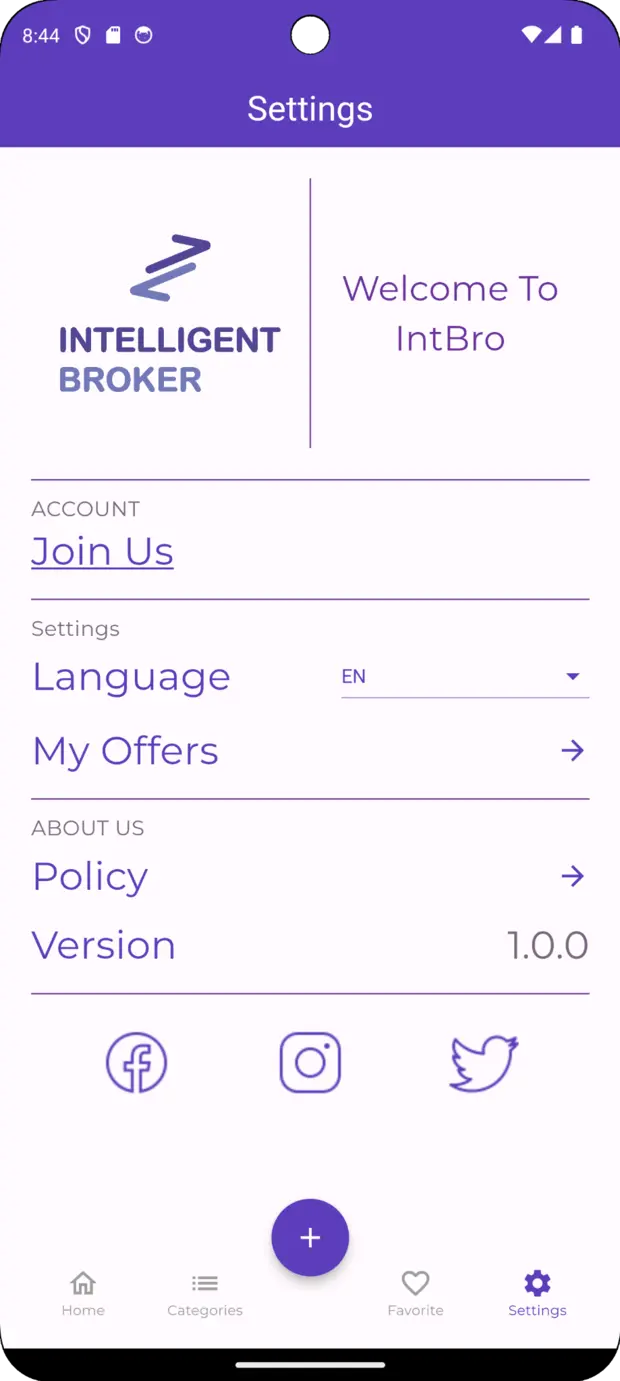 IntBro settings and language screen
