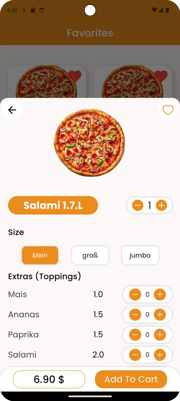 OfenBiss pizza customization screen